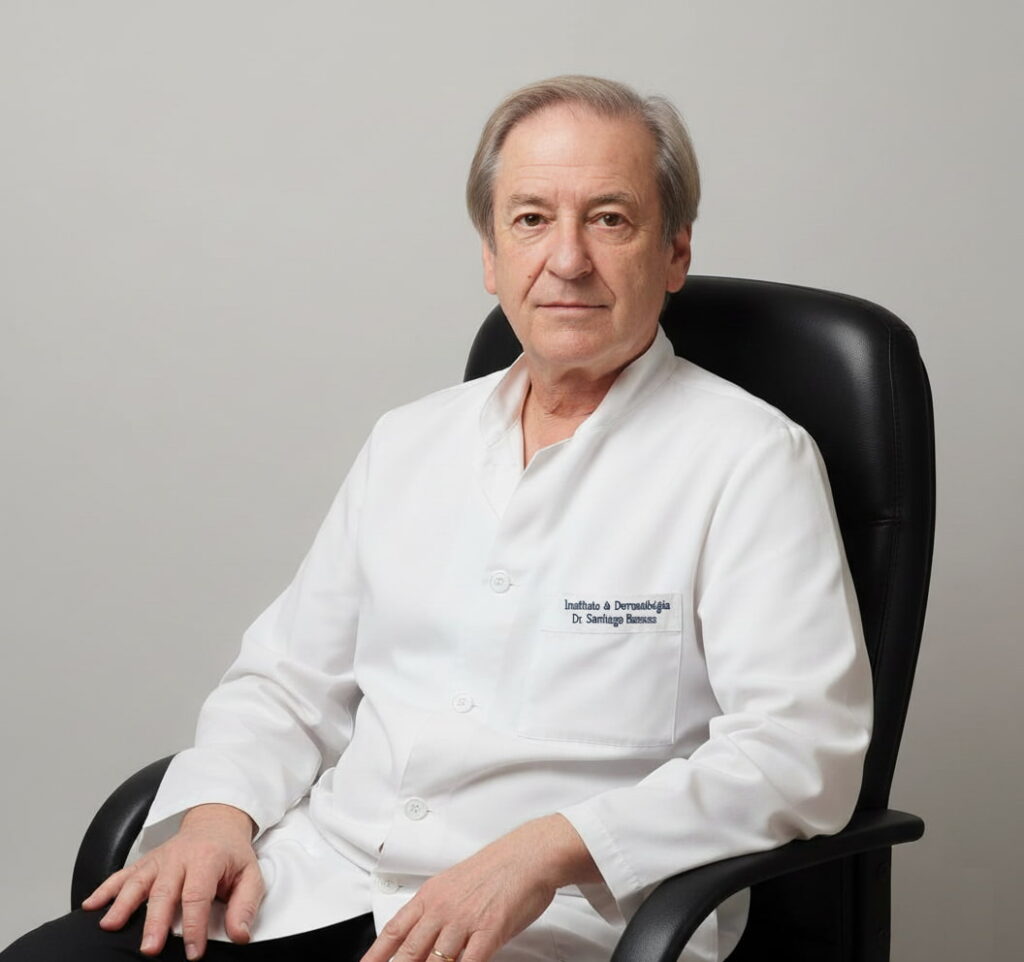 Dr. Santiago Bassas Bresa sentado en un sillón y con una bata blanca en que que aparece bordado el nombre del Instituto de Dermatología Dr. Santiago Bassas